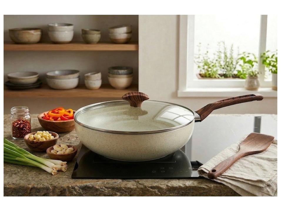 Panela Wok Multiflon com Tampa de Alumínio Antiaderente Petra Bege 28cm - 2