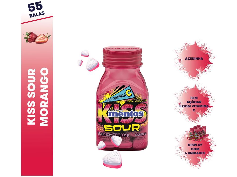 Pastilhas Mentos Kiss Sour Sem Açúcar Sabor de Morango Ácido Display 231g 6 Unidades - 1