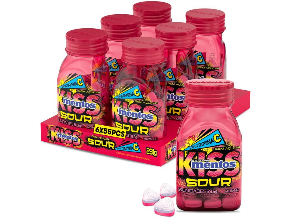 Pastilhas Mentos Kiss Sour Sem Açúcar Sabor de Morango Ácido Display 231g 6 Unidades - 3