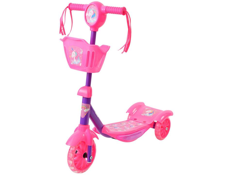Patinete Infantil 3 Rodas Unicórnio Lulie Sport com LED com Cestinha