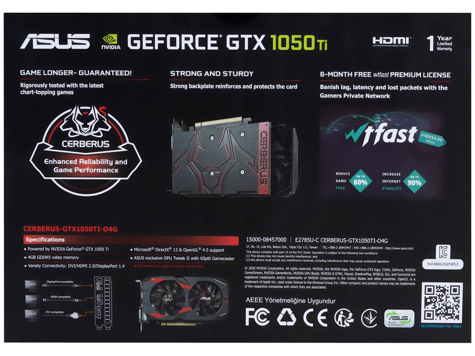 Placa de Vídeo Asus GeForce GTX 1050 TI - 4GB GDDR5 128 bits Cerberus - 7