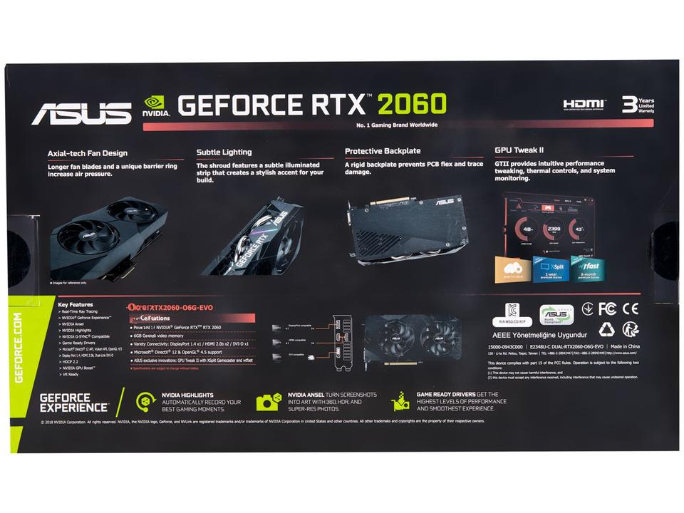 Placa de Vídeo Asus NVIDIA GeForce RTX 2060 - 6GB GDDR6 192 bits Dual - 11