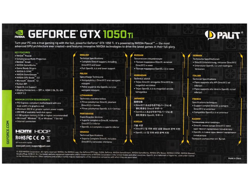 Placa de Vídeo Palit GeForce GTX 1050 Ti - 11
