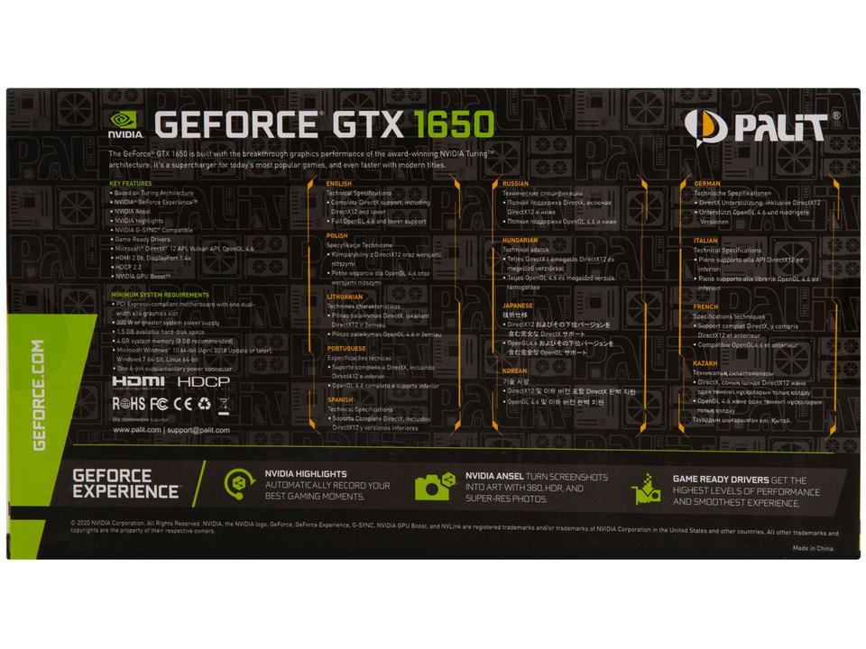Placa de Vídeo Palit GeForce GTX 1650 - 4GB GDDR5 128 Bits GamingPro OC - 10