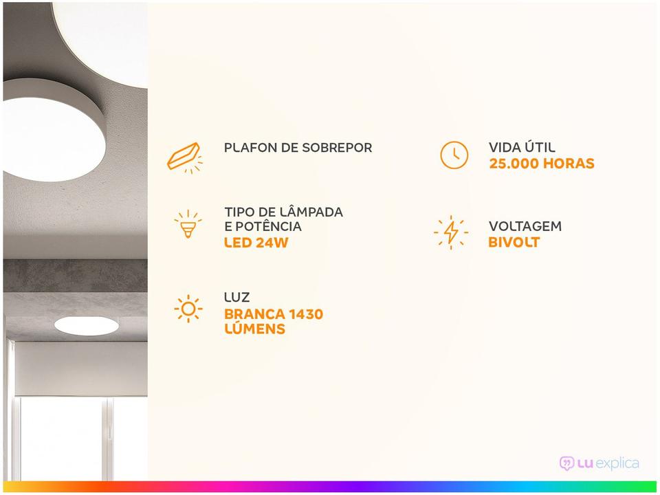 Plafon LED de Sobrepor Redondo 24W Elgin - Downlight Branco - 1