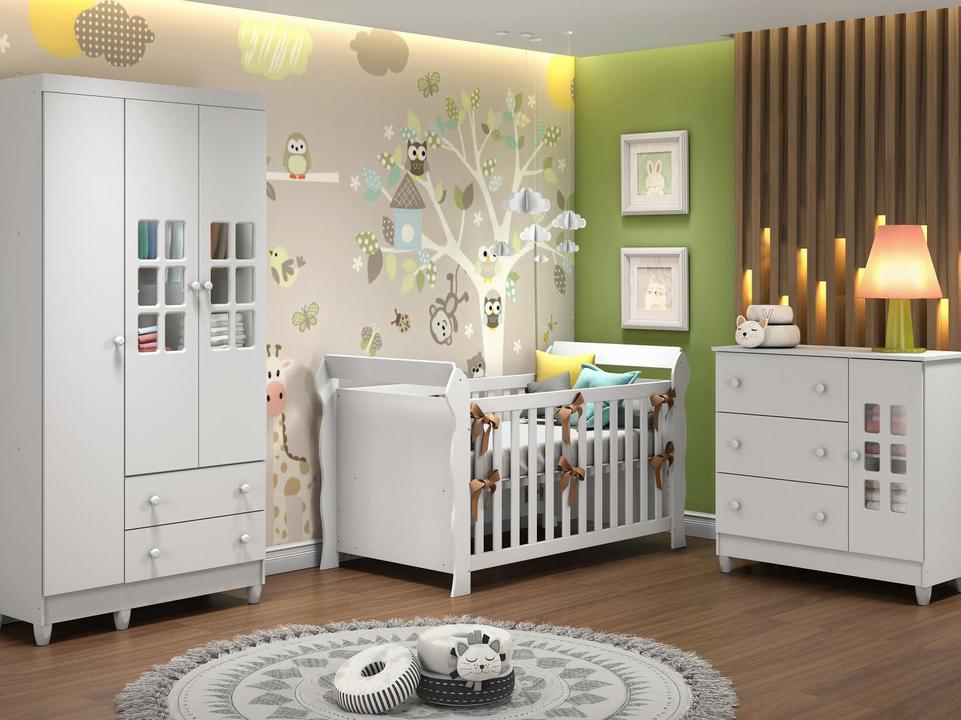 Quarto de Bebê Completo com Berço + Guarda Roupa - e Cômoda Carolina Baby Maria