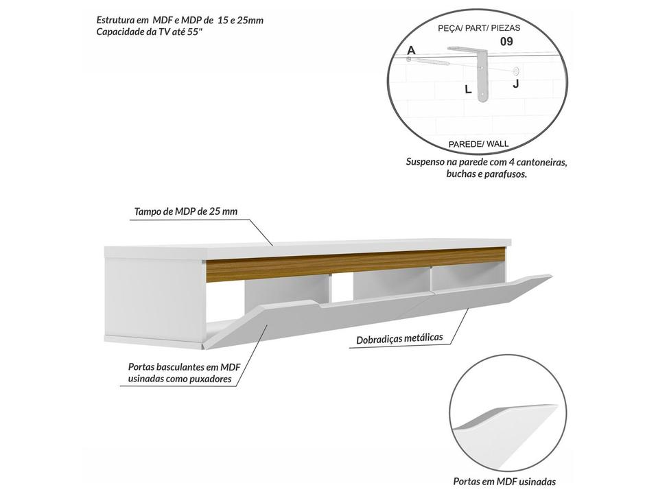 Rack para TV Até 55" Suspenso 2 Portas Olivar Móveis Uno - 1