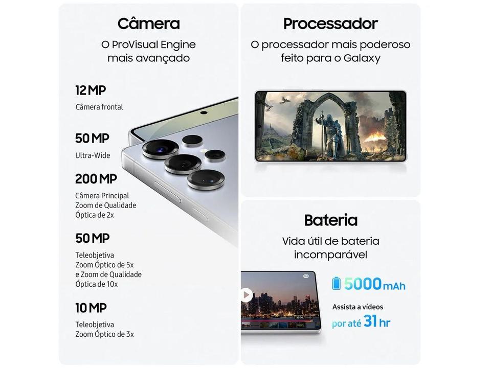 Samsung Galaxy S25 Ultra 5G 256GB Galaxy AI Titânio Preto 6,9" 12GB RAM Câm. Quádrupla 200+50+10+50MP Bateria 5000mAh Dual Chip - 3