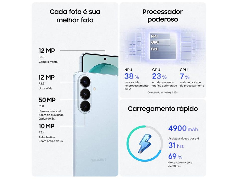 Samsung Galaxy S26+ Branco 5G 256GB Galaxy AI 6,7" 12GB RAM Câm. Tripla 50+12+10MP Bateria 4900mAh Dual Chip - 3
