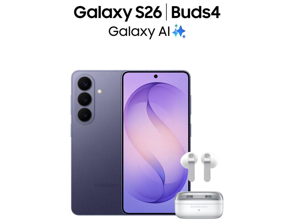 Samsung Galaxy S26 Preto 5G 512GB Galaxy AI 6,3" 12GB RAM Câm. Tripla 50+12+10MP Bateria 4300mAh Dual Chip - 6