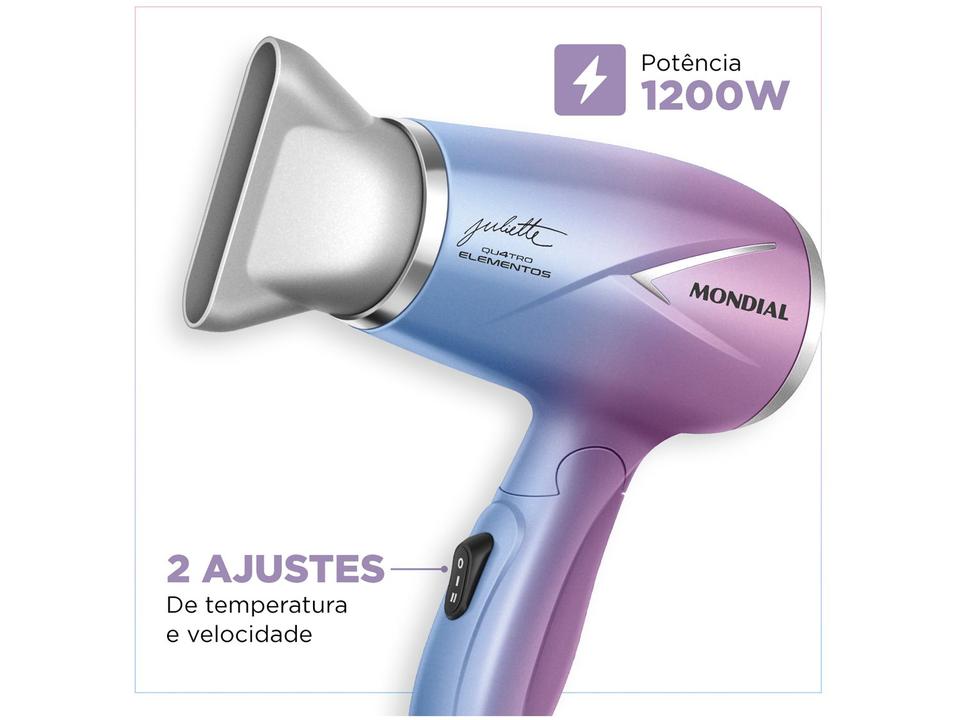 Secador de Cabelo Mondial Dobrável Tourmaline Azul e Rosa 1200W 2 Velocidades by Juliette Qu4tro Elementos - 4