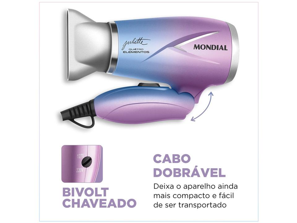 Secador de Cabelo Mondial Dobrável Tourmaline Azul e Rosa 1200W 2 Velocidades by Juliette Qu4tro Elementos - 5