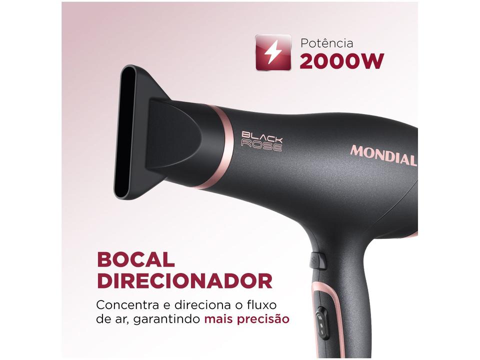 Secador de Cabelo Mondial Preto com Íons - 2000W 2 Velocidades Black Rose - 110 V - 2