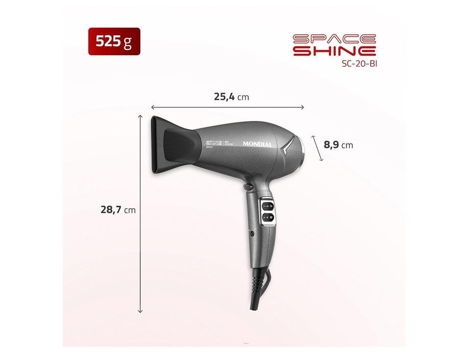 Secador de Cabelo Mondial Tourmaline Íon Grafite 2200W 2 Velocidades Space Shine SC-20-BI 74008-01 - 6