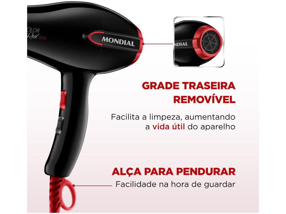 Secador de Cabelo Mondial Turbo Color Red SC-41 Preto Vermelho Tourmaline Ion 2000W 2 Velocidades - 110 V - 4