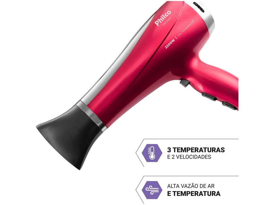 Secador de Cabelo Philco Íons Tourmaline Cherry 2200W 2 Velocidades PSC2300 - 3