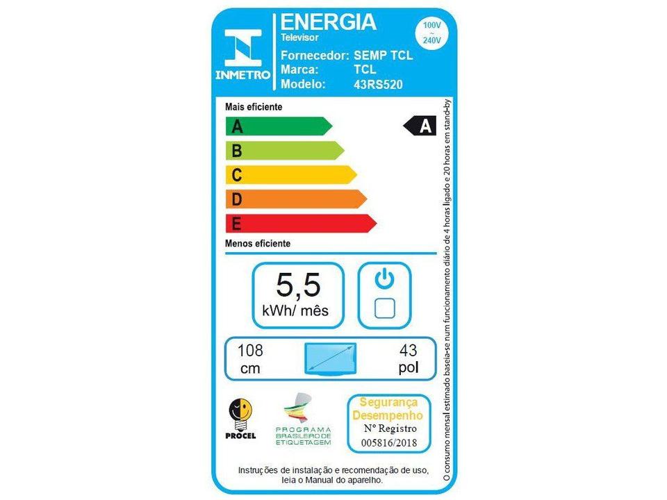 Smart TV 43” Full HD LED TCL Roku TV 43RS520 Wi-Fi Alexa Google e Siri 3 HDMI 1 US - 7