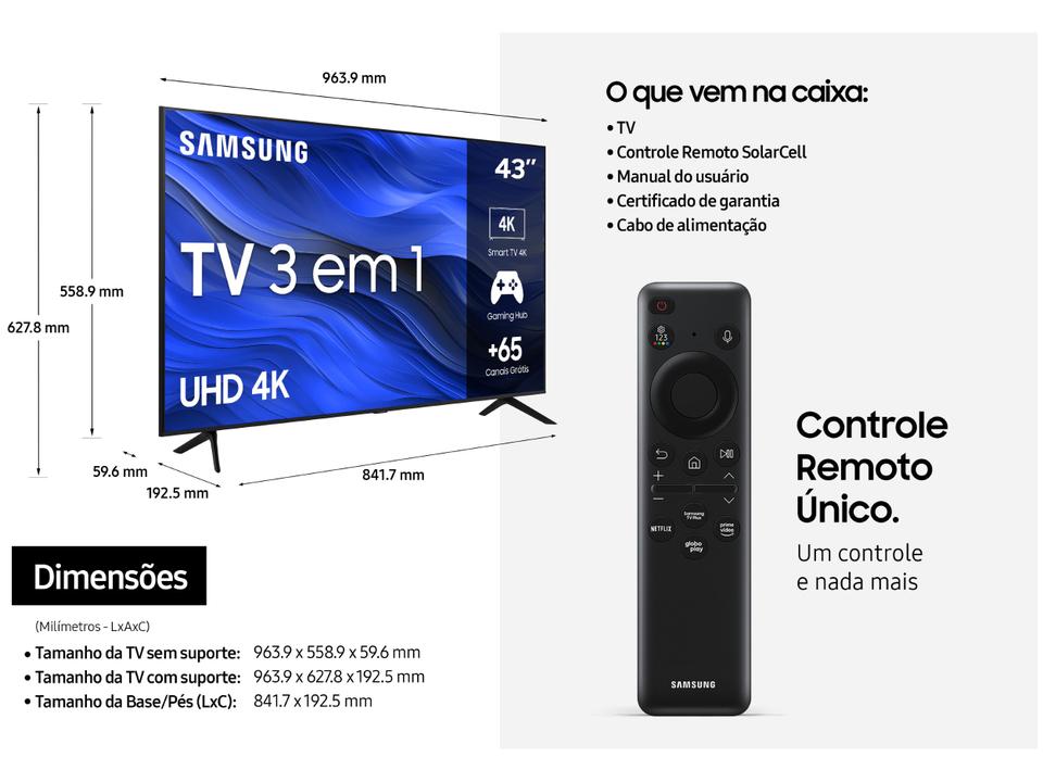 Smart TV 55” UHD 4K LED Samsung 55CU7700 - Wi-Fi Bluetooth Alexa 3 HDMI - 9
