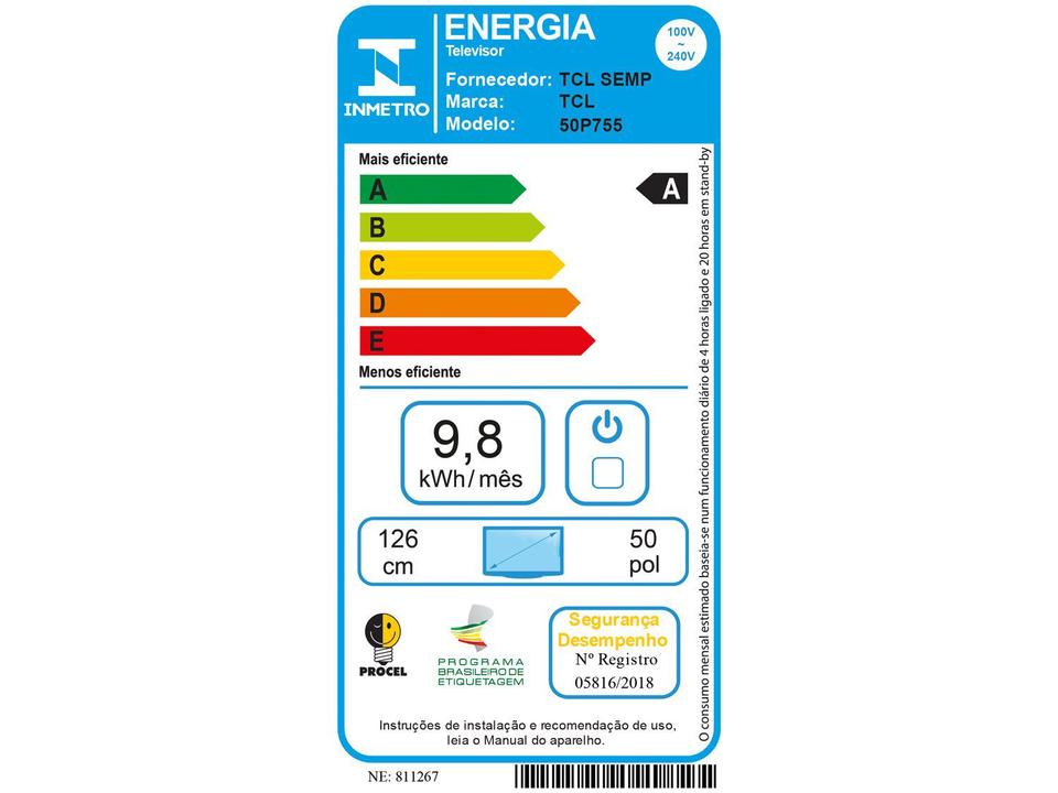 Smart TV 50" 4K UHD LED TCL 50P755 Wi-Fi Bluetooth 3 HDMI 1 USB - 7