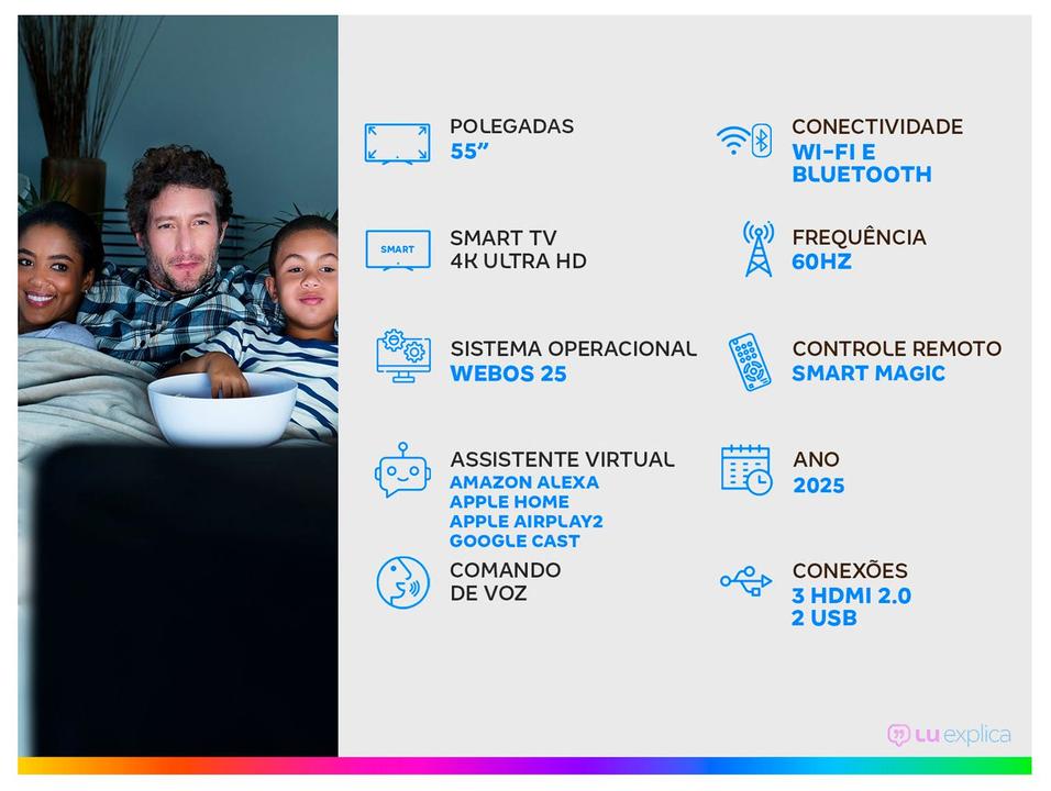 Smart TV 55" LG 4K QNED 55QNED70ASA WebOS 25 a7 AI Processor 4K Gen8 Alexa 3 HDMI 2 USB - 1