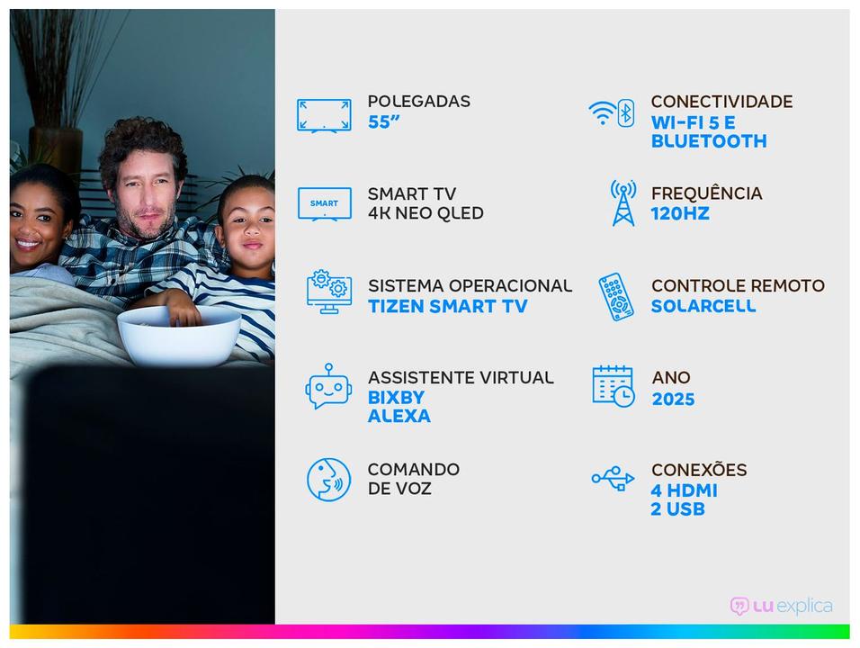 Smart TV 55" Samsung Ultra 4K Neo QLED Ultra QN70F QN55QN70FAGXZD 120Hz Tizen NQ4 AI Gen2 Bixby Alexa 4 HDMI - 1