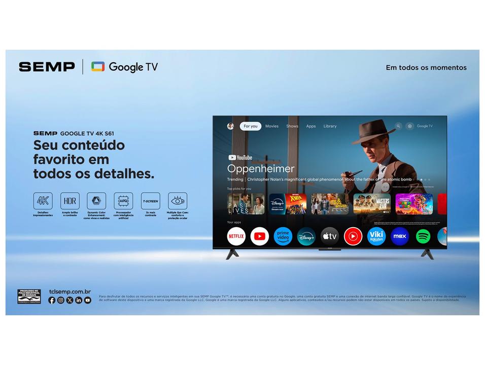 Smart TV 55" Semp 4K UHD LED S61 Google TV AiPQ Pro Google Assistente 3 HDMI - 2
