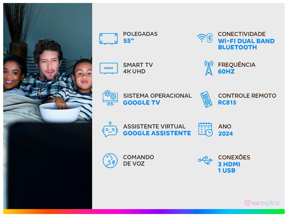Smart TV 55" Semp 4K UHD LED S61 Google TV AiPQ Pro Google Assistente 3 HDMI - 1