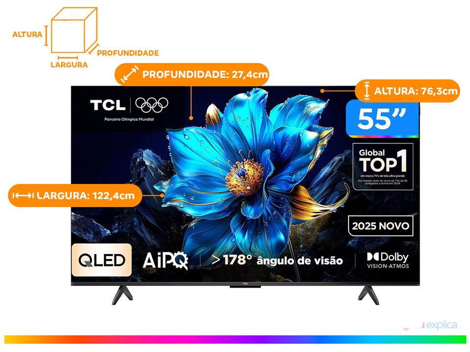 Smart TV 55" TCL 4K UHD QLED 55P7K Google TV AiPQ Google Assistente 3 HDMI 1 USB - 13