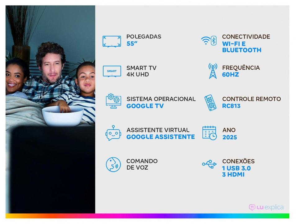 Smart TV 55" TCL 4K UHD QLED 55P7K Google TV AiPQ Google Assistente 3 HDMI 1 USB - 1