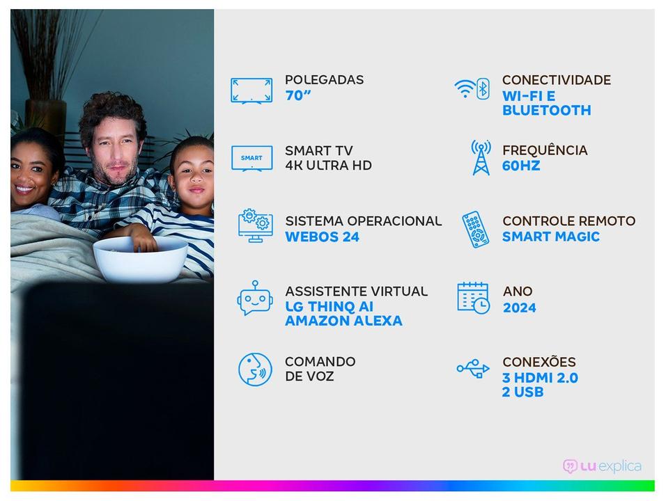 Smart TV 70" 4K LG Ultra HD 70UT8050 com Processador a5 Ger7 AI, Alexa/Chromecast integrado, Otimizador de Jogos, webOS 24 e Controle Smart Magic - 1