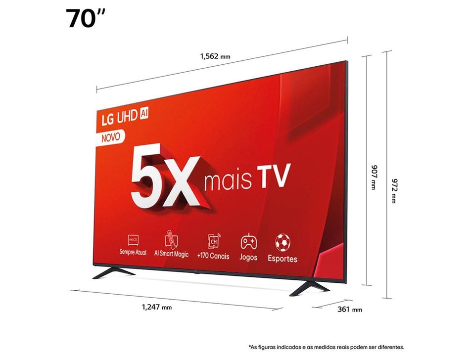 Smart TV 70" 4K LG Ultra HD 70UT8050 com Processador a5 Ger7 AI, Alexa/Chromecast integrado, Otimizador de Jogos, webOS 24 e Controle Smart Magic - 4