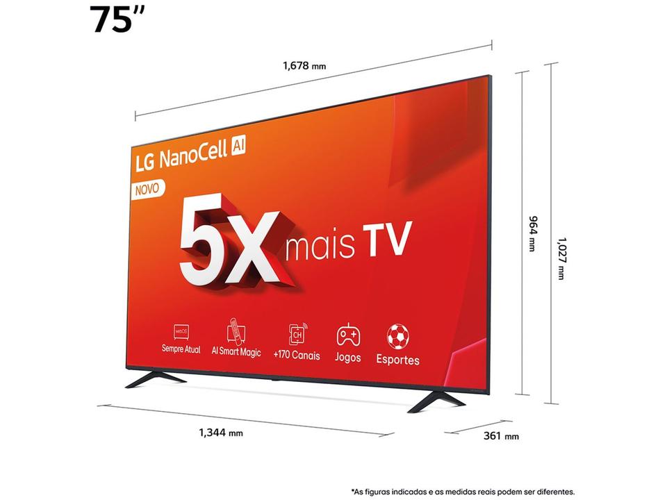 Smart TV 75" 4K NanoCell LG 75NANO80TSA WebOS 24 Processador a5 Ger7 Wi-Fi Bluetooth com Alexa 3 HDMI 2 US - 4