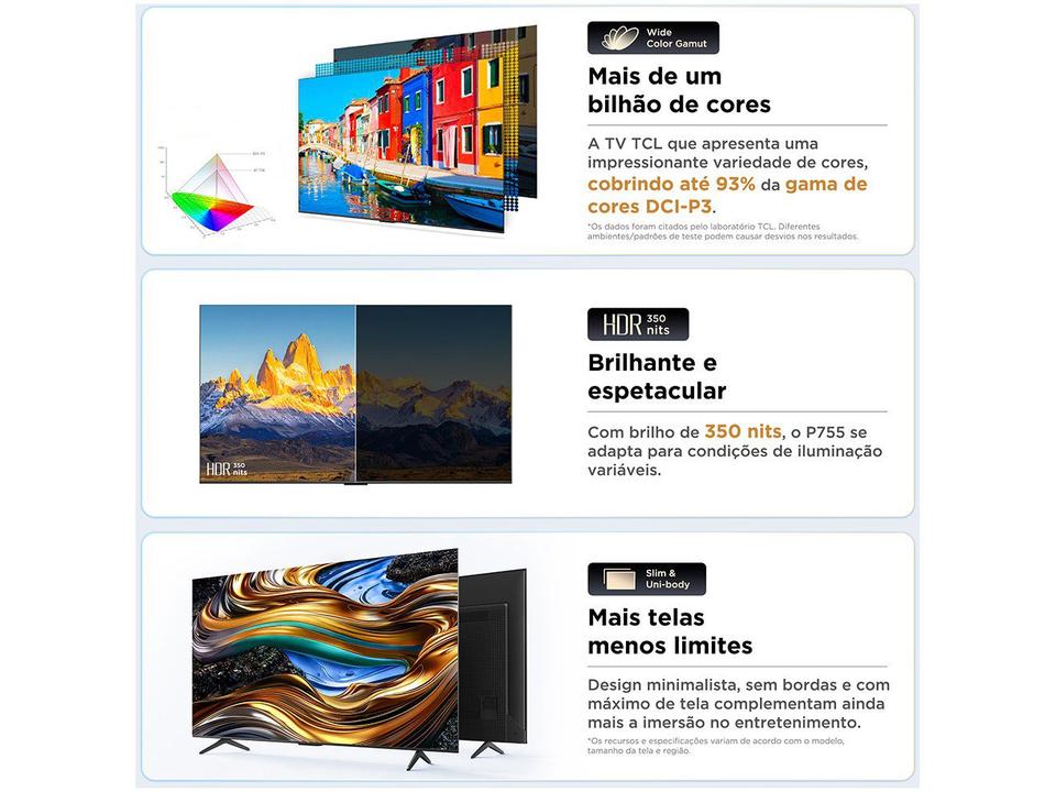 Smart TV 75" 4K UHD LED TCL 75P755 Wi-Fi Bluetooth 3 HDMI 1 USB - 8