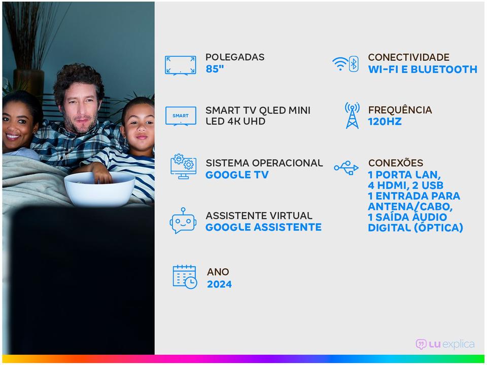 Smart TV 85" 4K UHD QLED Mini LED TCL 85C755 120Hz Wi-Fi Bluetooth 4 HDMI 2 USB - 1