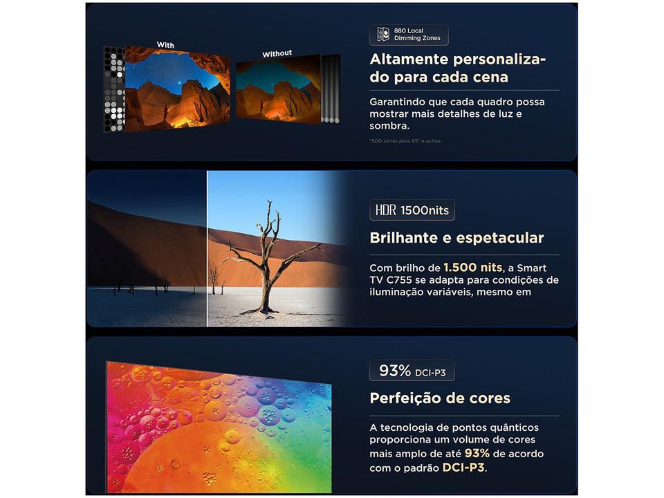 Smart TV 85" 4K UHD QLED Mini LED TCL 85C755 120Hz Wi-Fi Bluetooth 4 HDMI 2 USB - 7