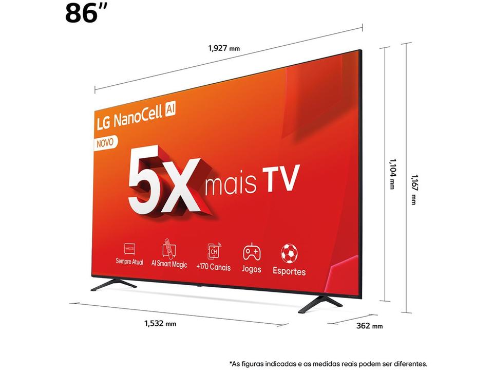 Smart TV 86" 4K LG NanoCell 86NANO80T Processador a8 AI Painel 120Hz FreeSync Alexa/Chromecast integrado webOS 24 Controle Smart Magi - 3