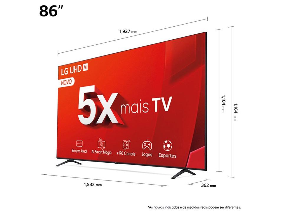 Smart TV 86" 4K LG Ultra HD 86UT8050 com Processador a5 Ger7 AI, Alexa/Chromecast integrado, Otimizador de Jogos, webOS 24 e Controle Smart Magic - 4