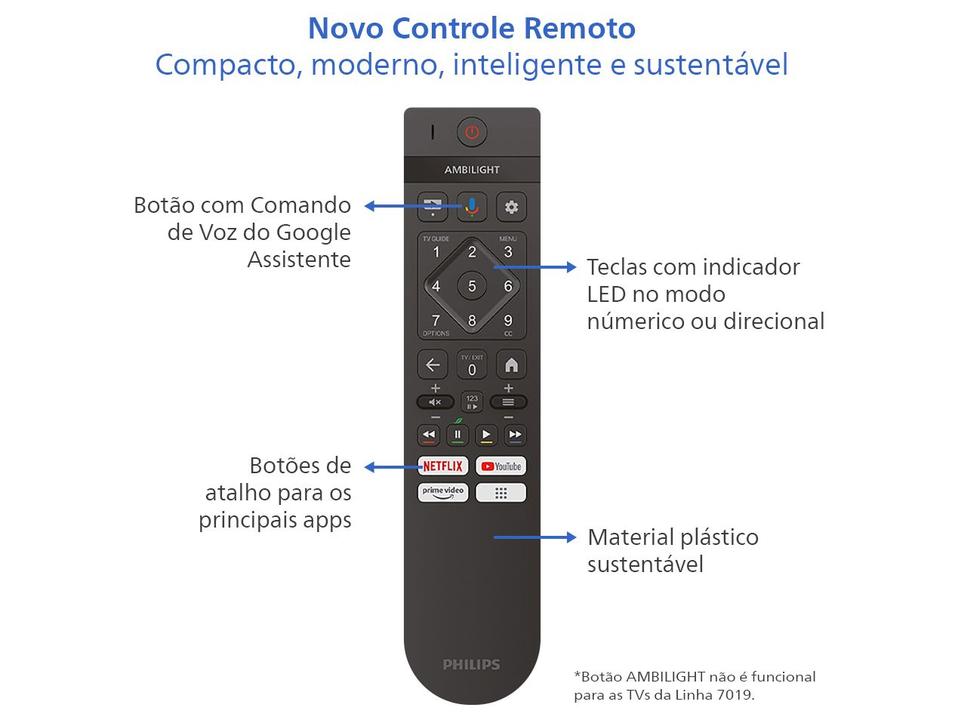 Smart TV 86" Philips DLED 7019 86PUG7019/78 Google TV Quad Core Google Assistente 3 HDMI 2 USB - 3