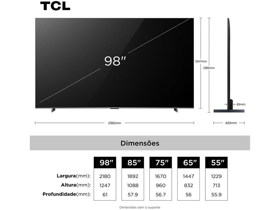 Smart TV 98" TCL UHD 4K MINILED 98C6K 120Hz Google TV AiPQ Pro Google Assistente 4 HDMI 2 USB - 3