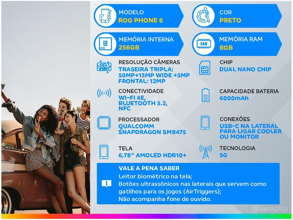 Smartphone Asus Rog Phone 6 256GB Black 5G Snapdragon SM8475 8GB RAM 6,78” Câm. Tripla + Selfie 12M - 2