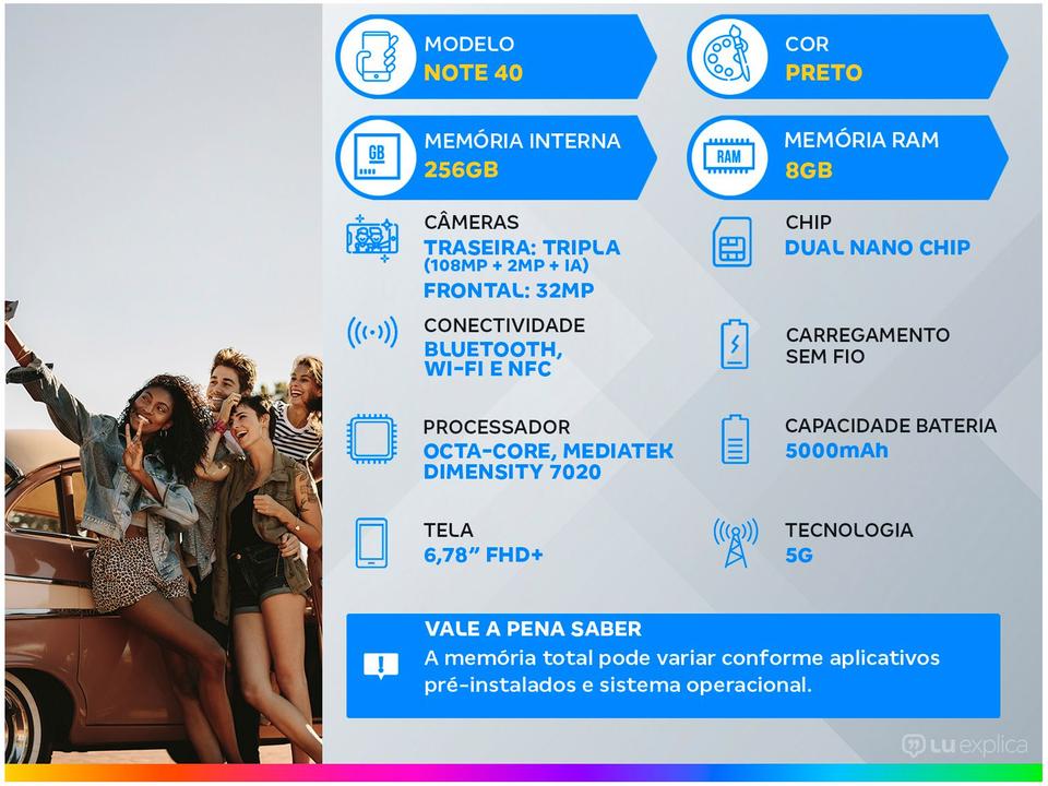 Smartphone Infinix Note 40 256GB Preto 5G 8GB RAM 6,78" Câm. Tripla Dual Chip - 1