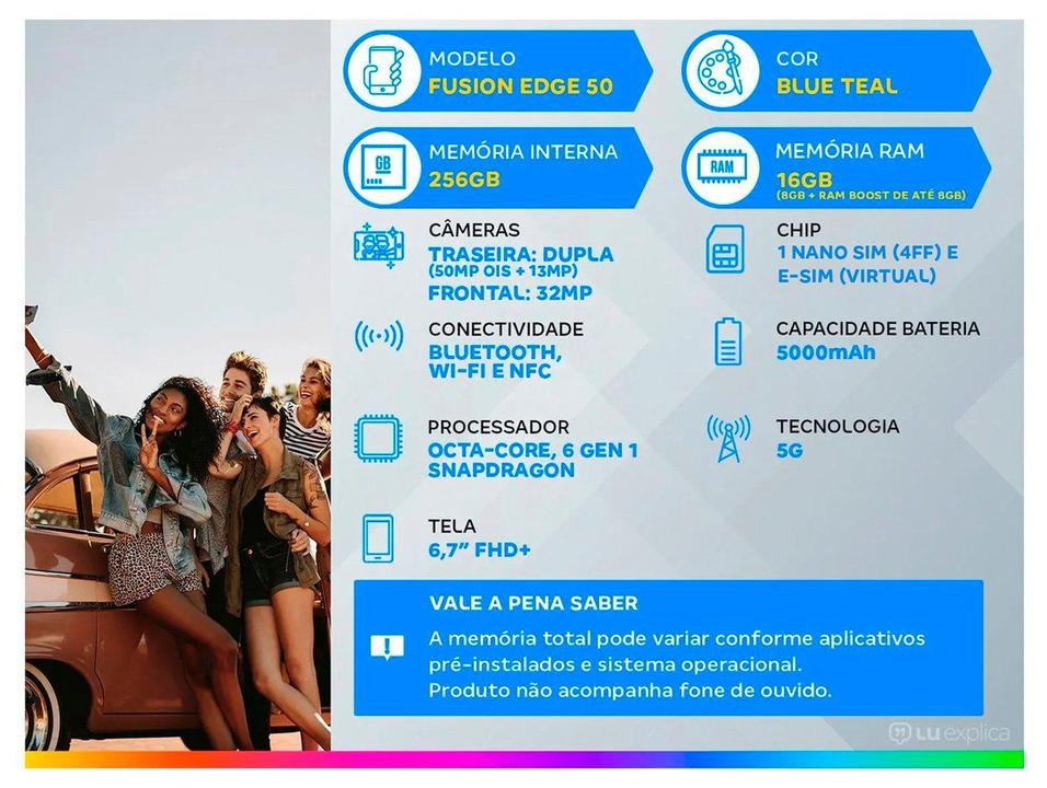 Smartphone Motorola Edge 50 Fusion 256GB Blue Teal 5G 8GB RAM 6,7" Câmera Sony Dupla Selfie 32MP Dual Chip - 3