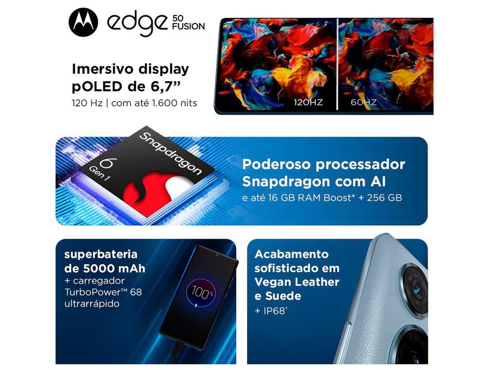 Smartphone Motorola Edge 50 Fusion 256GB Blue Teal 5G 8GB RAM 6,7" Câmera Sony Dupla Selfie 32MP Dual Chip - 8