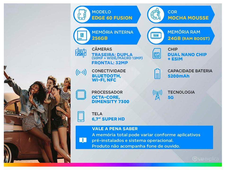 Smartphone Motorola Edge 60 Fusion 256GB 5G 24GB RAM Mocha Mousse 6,7" Câm. Dupla + Selfie 32MP - 1