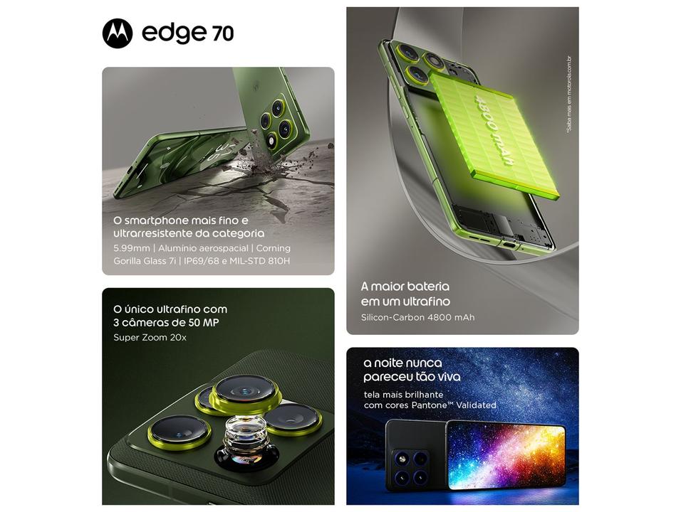Smartphone Motorola Edge 70 5G 256GB 24GB (8GB RAM + 16GB RAM Boost) Ultrafino 3 Câmeras 50MP Tela 1.5K Extreme Amoled 120Hz - 5