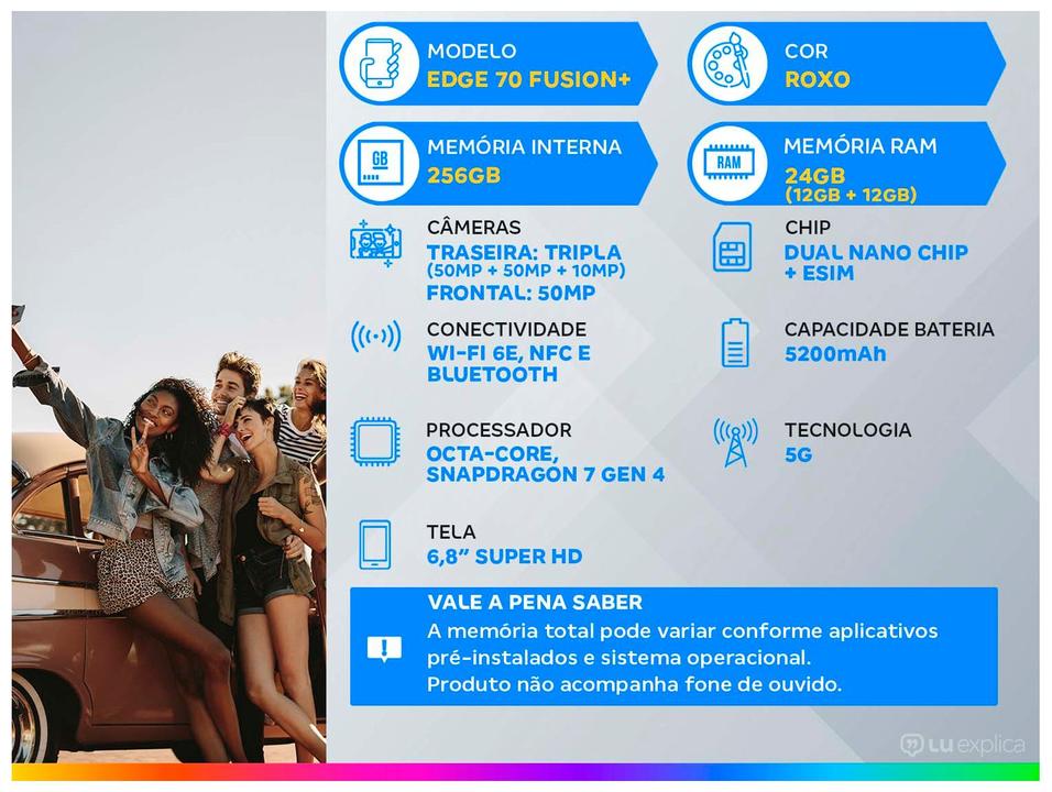 Smartphone Motorola Edge 70 Fusion+ 256GB 5G 24GB RAM Roxo 6,8" Câmera Tripla + Selfie 50MP - 1