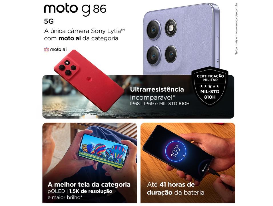 Smartphone Motorola G86 256GB Vermelho 5G 8GB+8GB RAM Boost Inteligente 6,7" Câm. Dupla + Selfie 32MP - 2