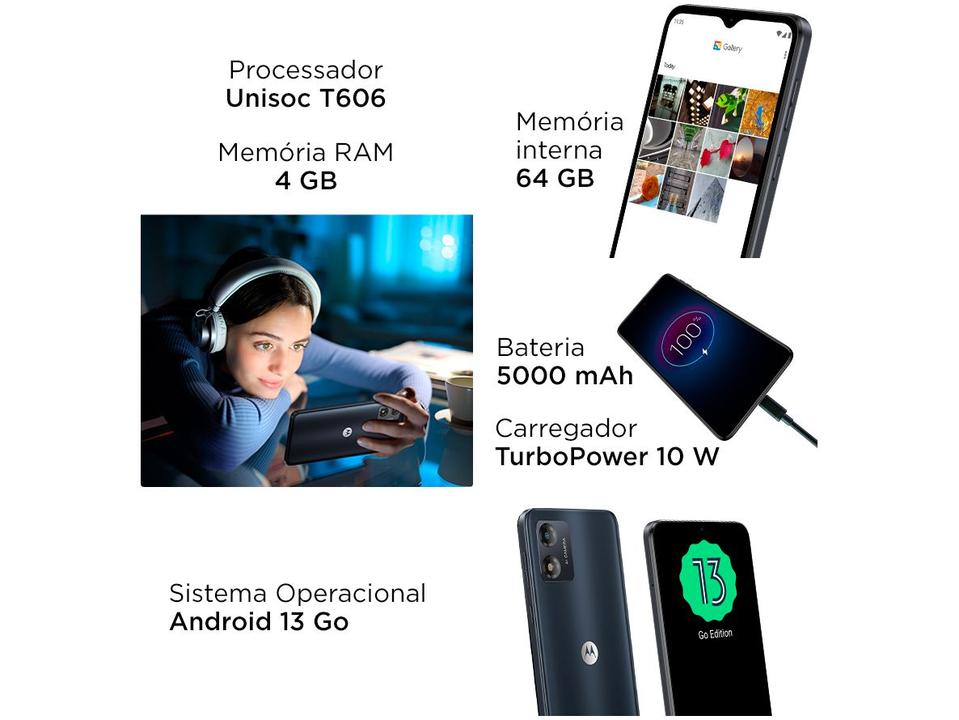 Smartphone Motorola Moto E13 64GB Grafite 4G Octa-Core 4GB RAM 6,5" Câm. 13MP + Selfie 5MP Dual Chip - 4
