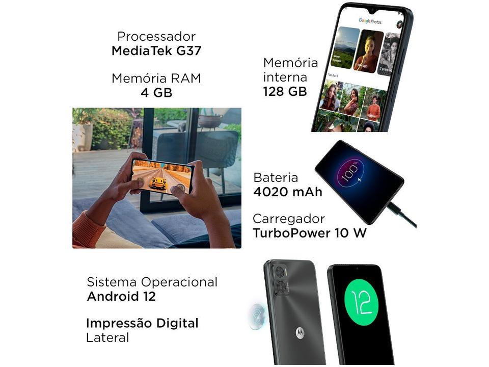 Smartphone Motorola Moto E22 128GB Grafite 4G 4GB RAM 6,5" Câm. Dupla + Selfie 5MP Dual Chip - 4