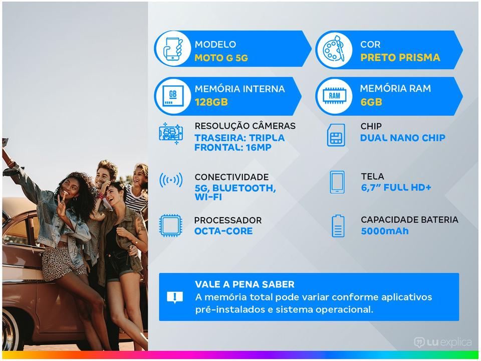 Smartphone Motorola Moto G 5G 128GB Preto Prisma Octa-Core 6GB RAM 6,7” Câm. Tripla + Selfie 16MP - 1